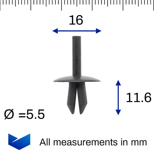 Plastic Pin Rivet Trim Clip for a 5.5mm Hole, 16mm Collar, Black - VehicleClips