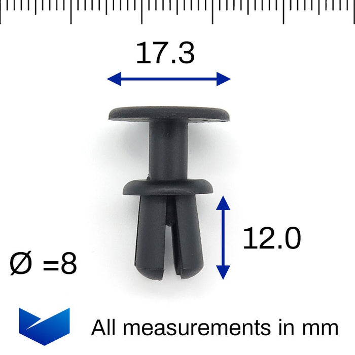 8mm Push Fit Black Plastic Rivet for Bumpers, Grilles & Trims, Mercedes A0009917240, A 000 991 72 40 - VehicleClips