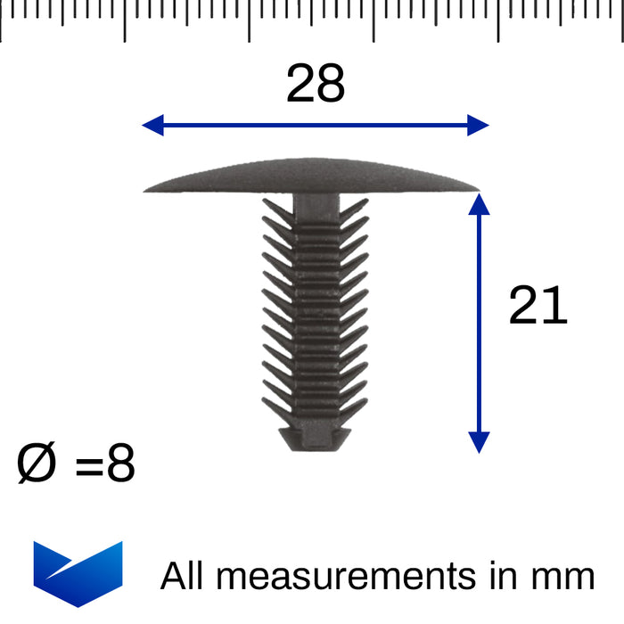 Plastic Fir Tree Trim Panel Clips- Black, 7-8mm hole, 28mm head