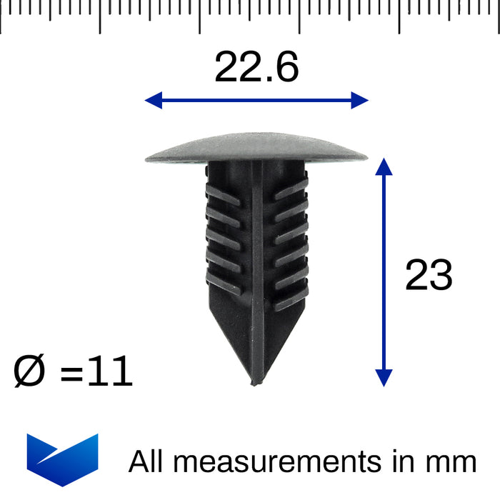 Heavy Duty Fir Tree Clip, Black, 11mm Hole, 23mm Head