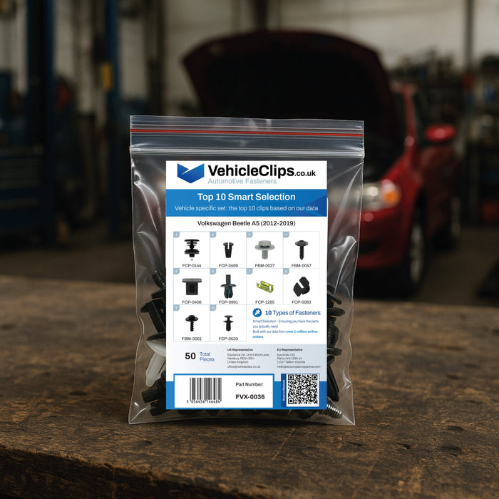 Bag of assortment fasteners on a wooden workbench