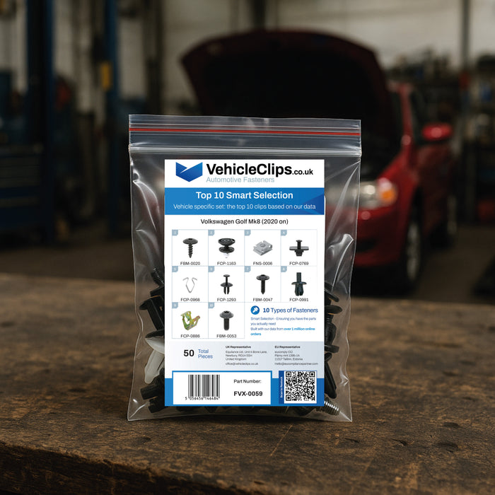 Bag of assortment fasteners on a wooden workbench