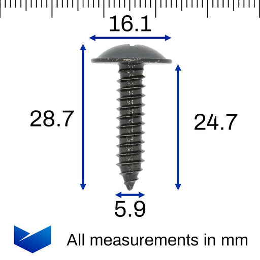 Black Body Screw for Wheel Arch Linings & Side Skirt Trim Panels, Kia 1249306257E - VehicleClips