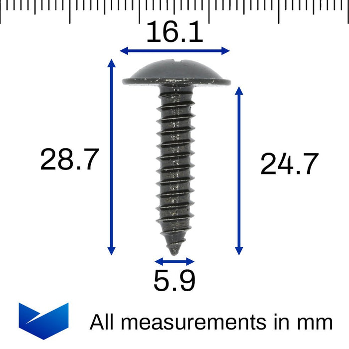 Black Body Screw for Wheel Arch Linings & Side Skirt Trim Panels, Kia 1249306257E - VehicleClips