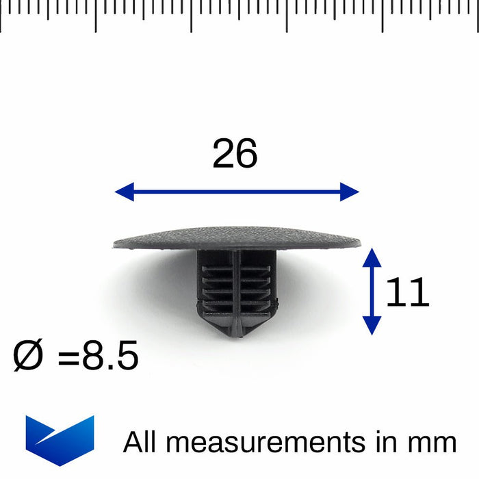 Fir Tree Button Clip, 8mm Hole, 26mm Head, Black, Fiat 6000609816 - VehicleClips