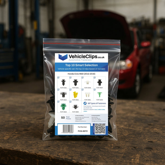 Honda Civic Fastener Assortment Mk9 (2012 - 2016) - 50 Piece Kit with Top 10 Most Common Clips & Fixings - VehicleClips