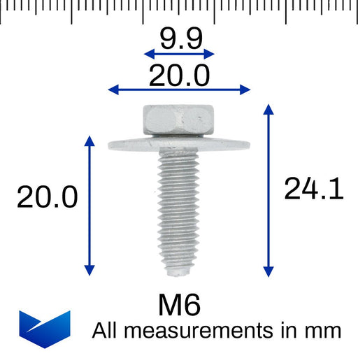 M6 x 18mm Bolt with Captive Washer, Mazda 9KDB00616 - VehicleClips