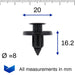 Push Fit Plastic Rivet, 8mm Hole, 20mm Collar, Black, Type A, Maxus C00059723 - VehicleClips