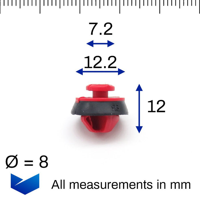 Red Exterior Moulding Clips with Integrated Rubber Seal, Renault 8201619629 - VehicleClips