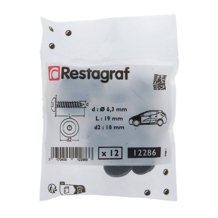 Restagraf - Black Zinc Plated Dome Head Self Tapping Screw With Washer Ø 6,3 X 19 mm Front Fender (Pack of 12 Pieces) - Seat N10512701 / N10 512 701 - VehicleClips