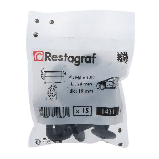Restagraf - Extra Large Dome Head Black Screw M6 - 1.00 X 20 mm Bodywork (Pack of 15 Pieces) - Vauxhall 722149 - VehicleClips