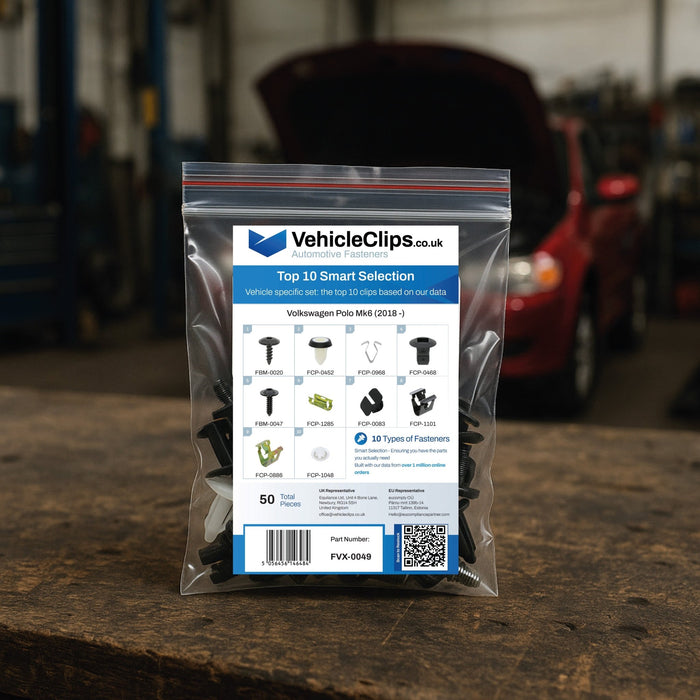 Volkswagen Polo Fastener Assortment Mk6 (2018 - ) - 50 Piece Kit with Top 10 Most Common Clips & Fixings - VehicleClips