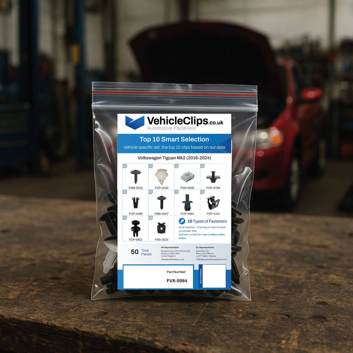 Volkswagen Tiguan Fastener Assortment Mk2 (2016 - 2024) - 50 Piece Kit with Top 10 Most Common Clips & Fixings - VehicleClips