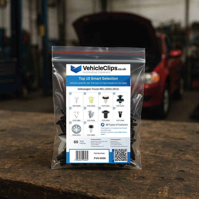 Volkswagen Touran Fastener Assortment Mk1 (2003 - 2015) - 50 Piece Kit with Top 10 Most Common Clips & Fixings - VehicleClips