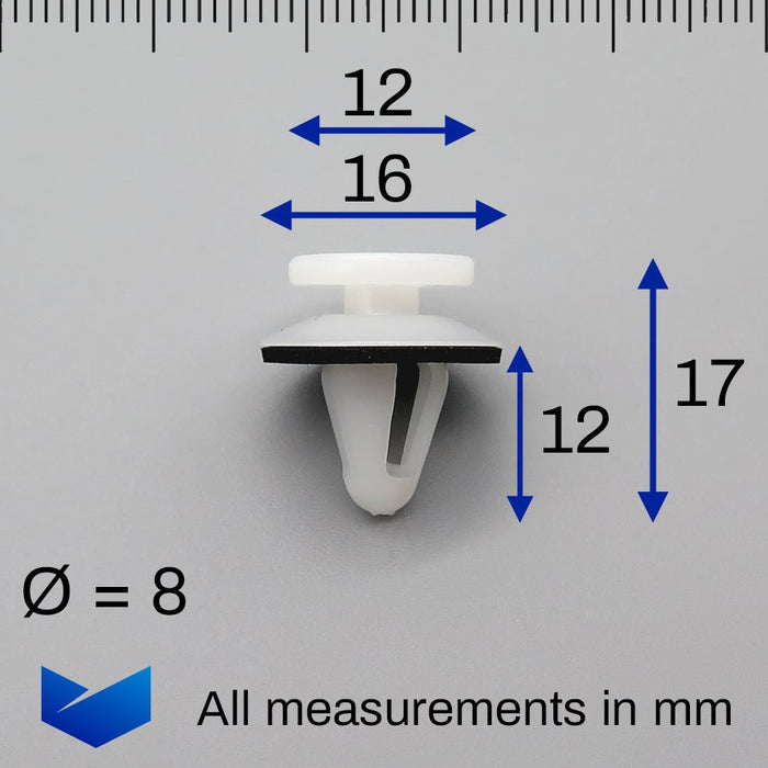 White Interior & Exterior Trim Panel Clips, Mitsubishi MB567499 MB696120 MB662743 - VehicleClips